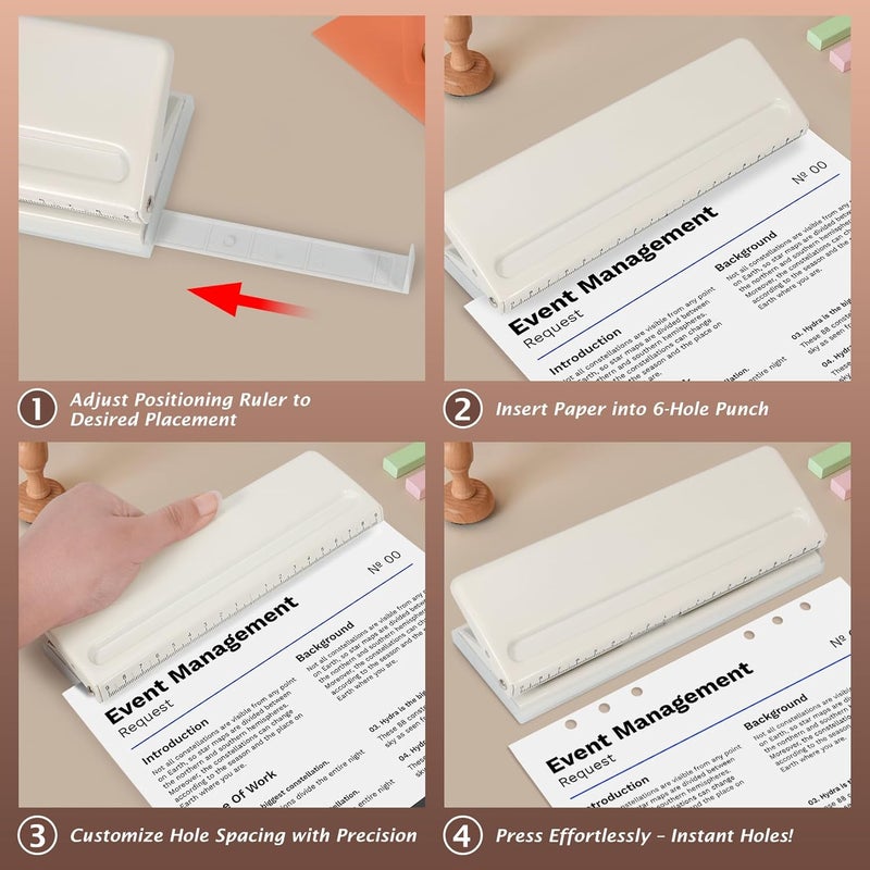 Zofly Metal Adjustable 6 Hole Punch for A5 A6 A7 Binders/Planners, Paper Hole Puncher 6 Ring with Guide Rule, 6 Sheet Capacity, Heavy Duty 6 Hole Punch for Binder/Agenda/Notebook/Bookbinding DIY (Off White) - Image 4